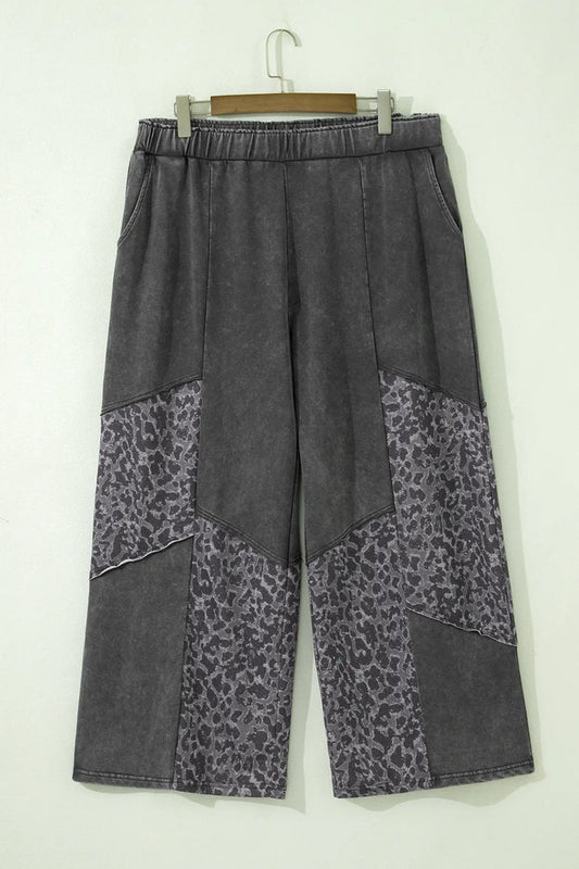 Plus Size Leopard Patchwork Mineral Wash Wide Leg Pants – Dark Grey