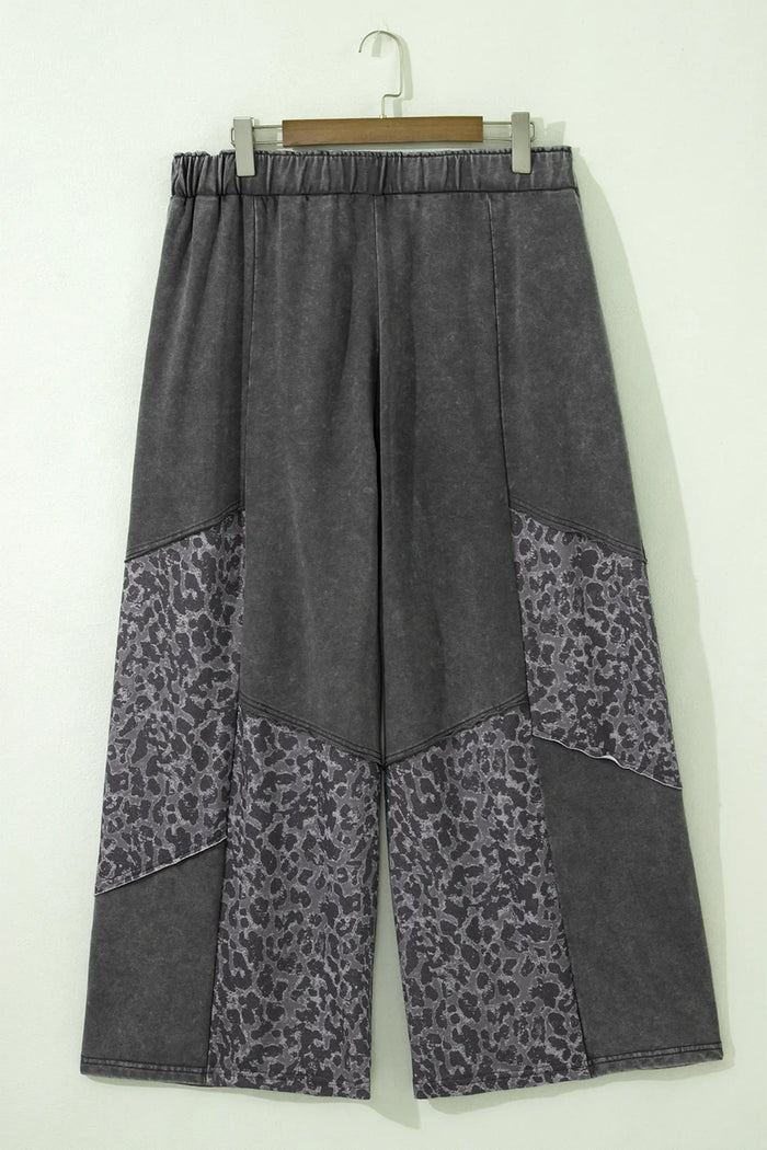 Plus Size Leopard Patchwork Mineral Wash Wide Leg Pants – Dark Grey