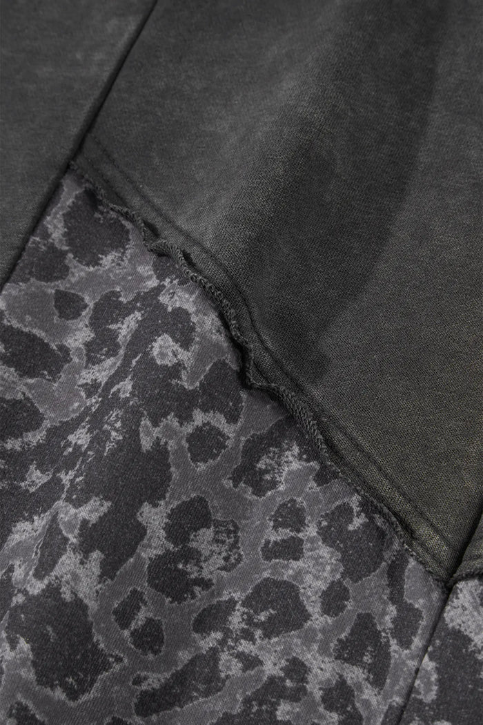 Plus Size Leopard Patchwork Mineral Wash Wide Leg Pants – Dark Grey