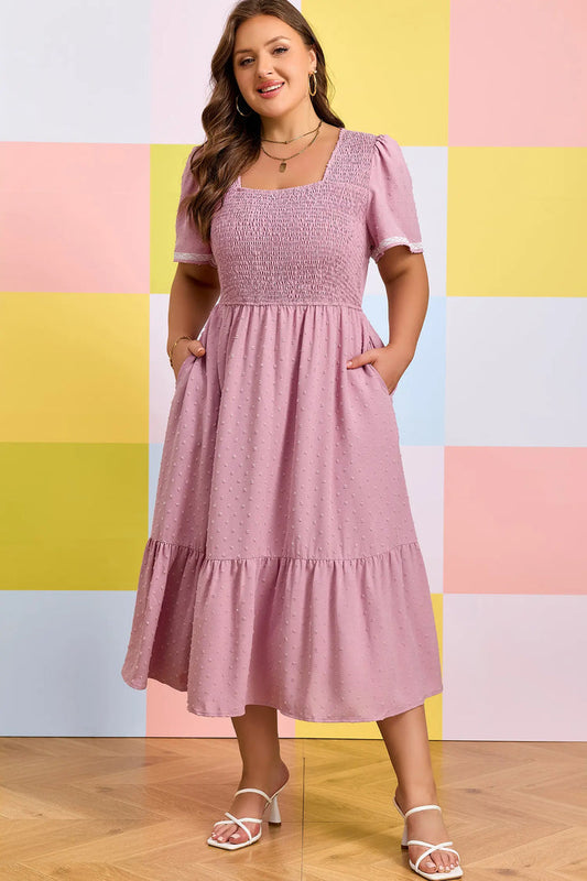 Plus Size Swiss Dot Smocked High Waist Flowy Midi Dress – Pink