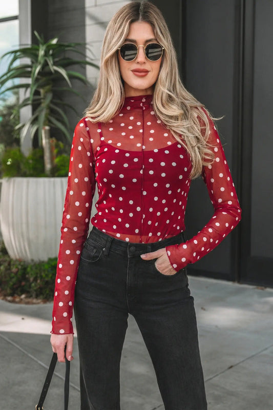 Polka Dot Bodycon Mock Neck Mesh Long Sleeve Top