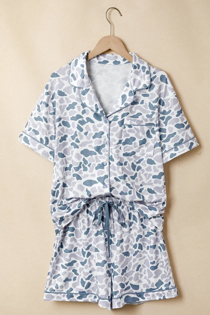 Polka Dot Lapel Shirt & Drawstring Shorts Pyjama Set – Beige