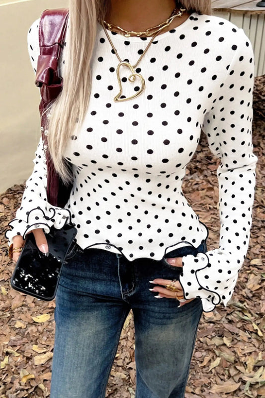 Polka Dot Print Lettuce Trim Long Sleeve Top – Black