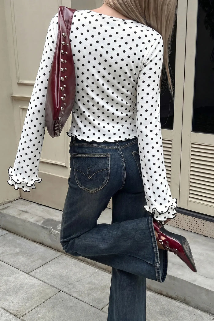 Polka Dot Print Lettuce Trim Long Sleeve Top – Black