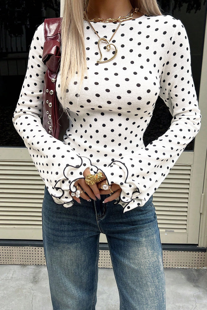 Polka Dot Print Lettuce Trim Long Sleeve Top – Black
