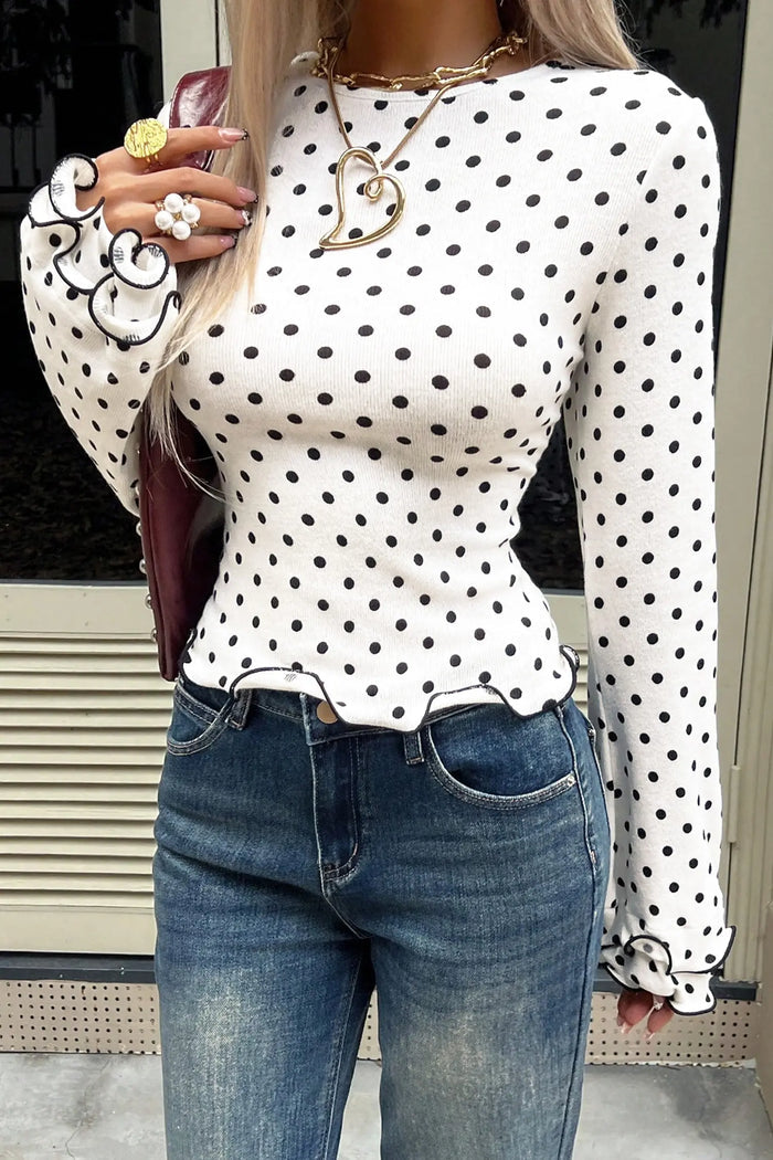Polka Dot Print Lettuce Trim Long Sleeve Top – Black