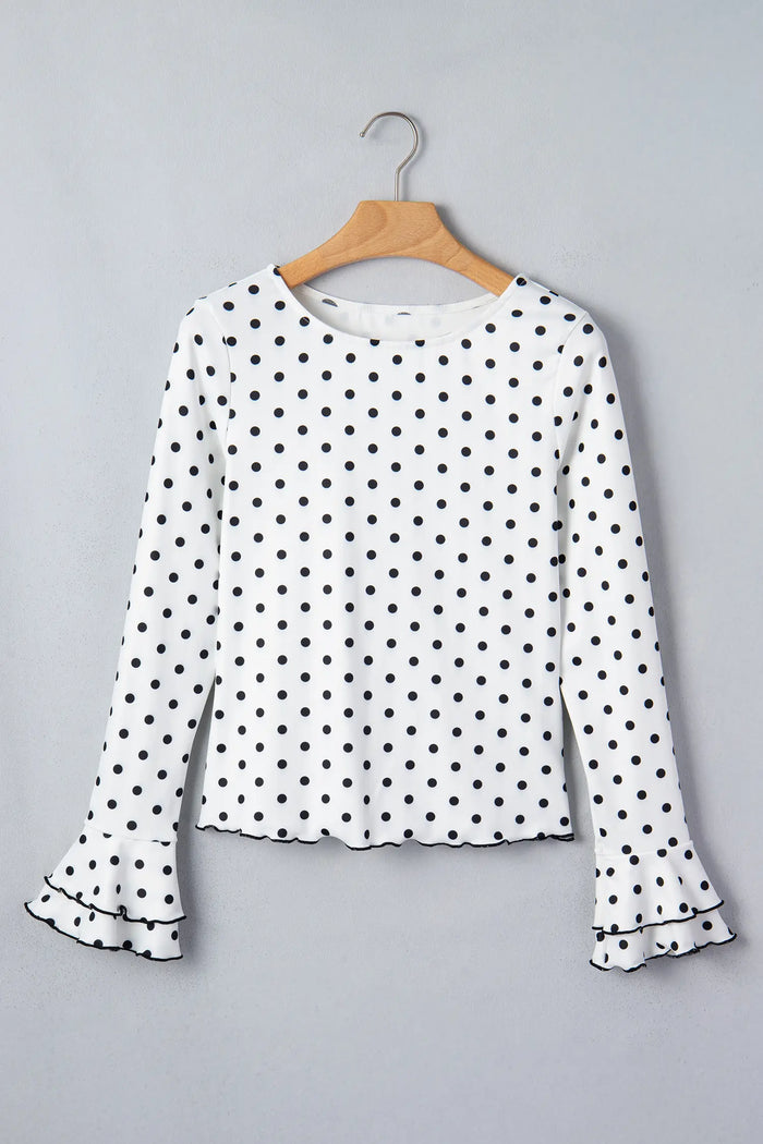 Polka Dot Print Lettuce Trim Long Sleeve Top – Black