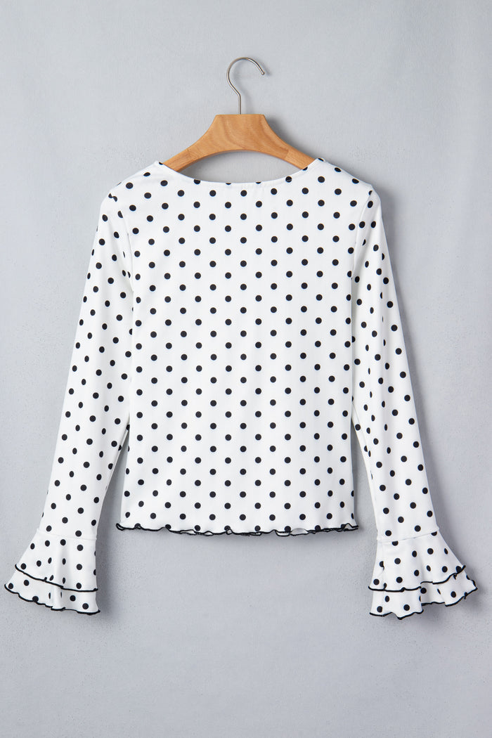 Polka Dot Print Lettuce Trim Long Sleeve Top – Black