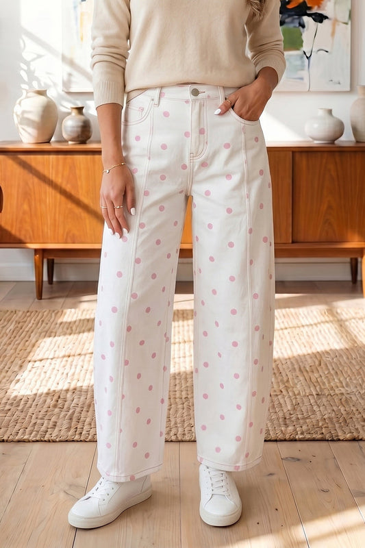Polka Dot Print Seam Detail Barrel Jeans – Pink