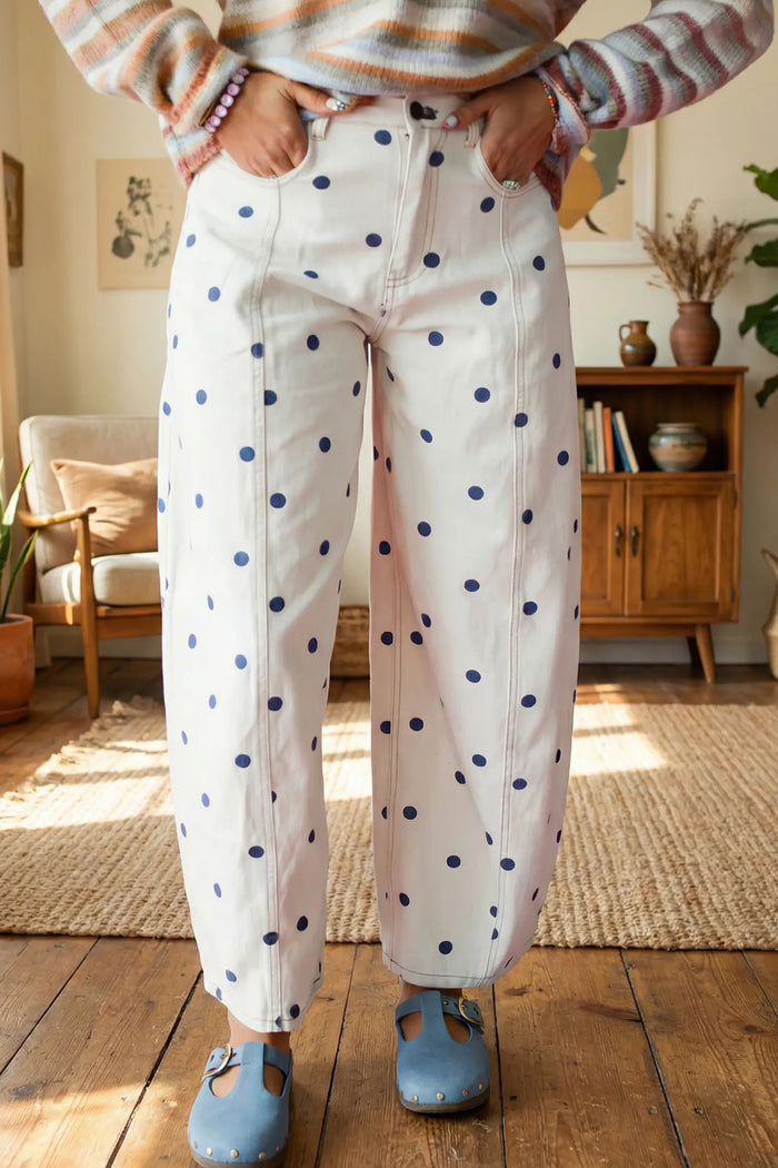 Polka Dot Print Seam Detail Barrel Jeans – Pink