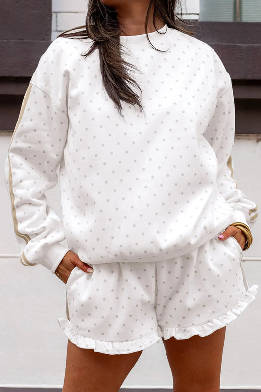 Polka Dot Print Side Stripe Detail Casual Sweatshirt 2pcs Short Set – White