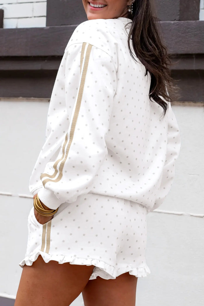 Polka Dot Print Side Stripe Detail Casual Sweatshirt 2pcs Short Set – White