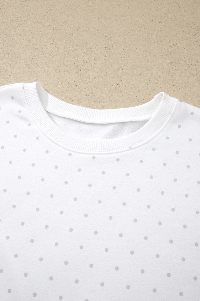 Polka Dot Print Side Stripe Detail Casual Sweatshirt 2pcs Short Set – White