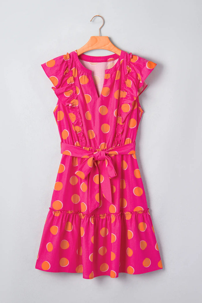 Polka Dot V Neck Ruffled Short Sleeve Mini Dress