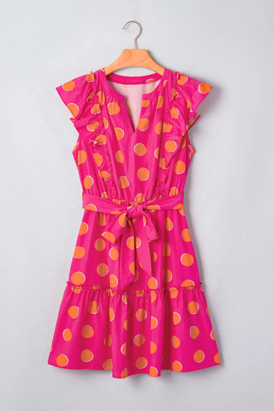 Polka Dot V Neck Ruffled Short Sleeve Mini Dress
