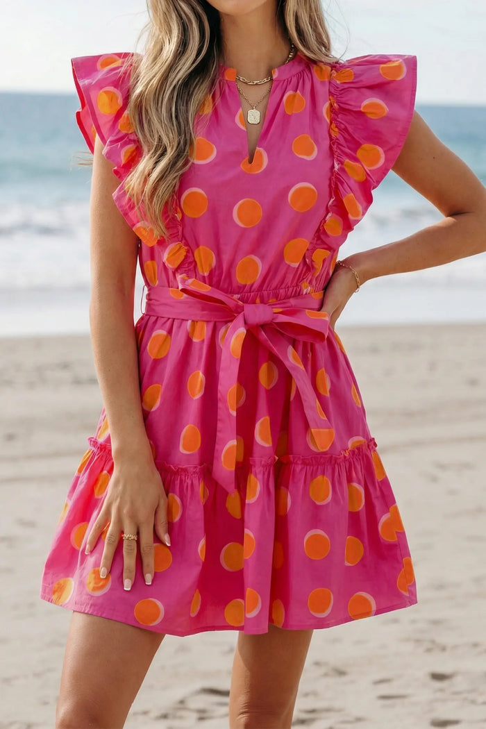 Polka Dot V Neck Ruffled Short Sleeve Mini Dress