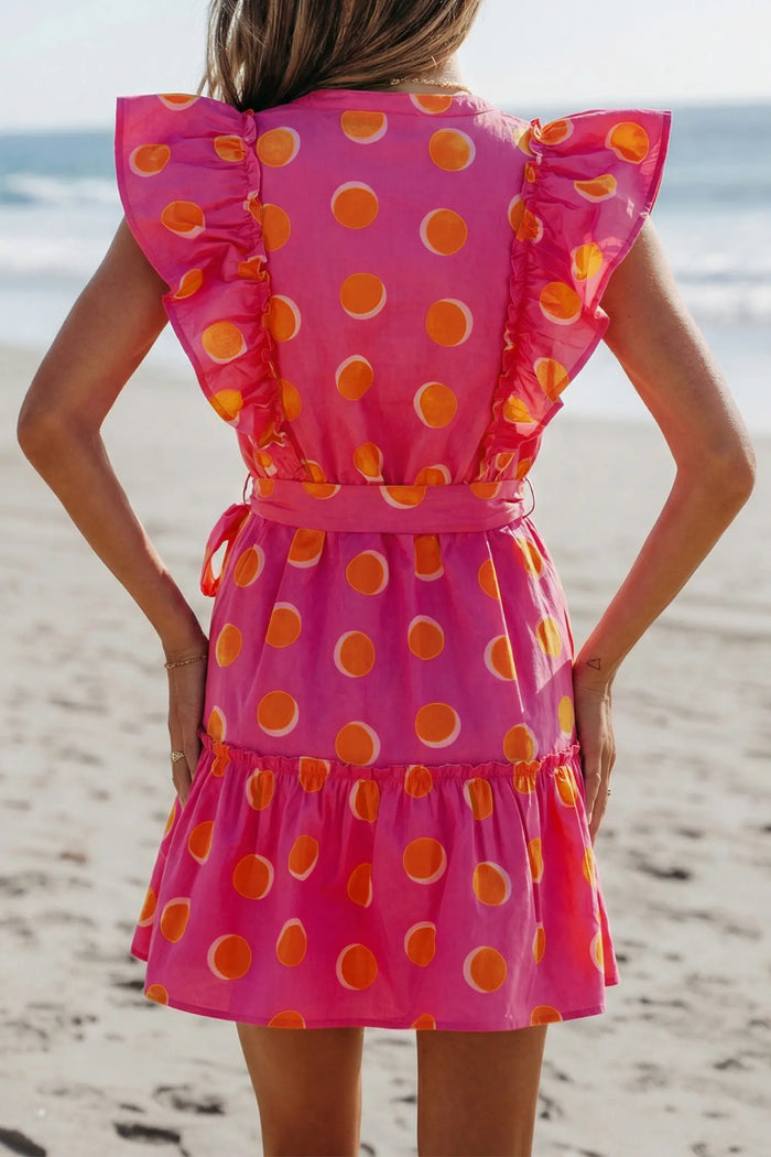 Polka Dot V Neck Ruffled Short Sleeve Mini Dress