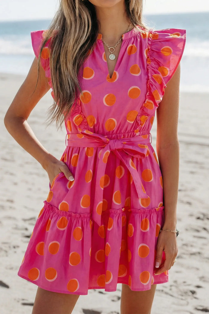 Polka Dot V Neck Ruffled Short Sleeve Mini Dress