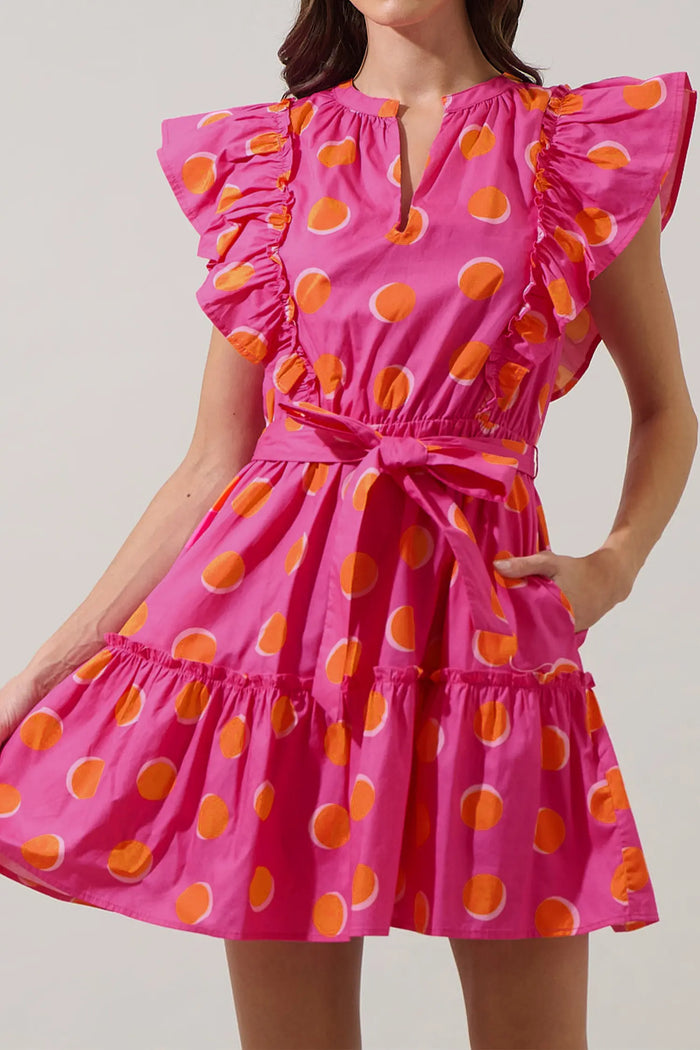 Polka Dot V Neck Ruffled Short Sleeve Mini Dress