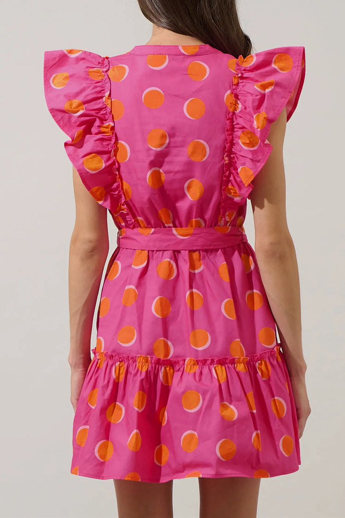 Polka Dot V Neck Ruffled Short Sleeve Mini Dress