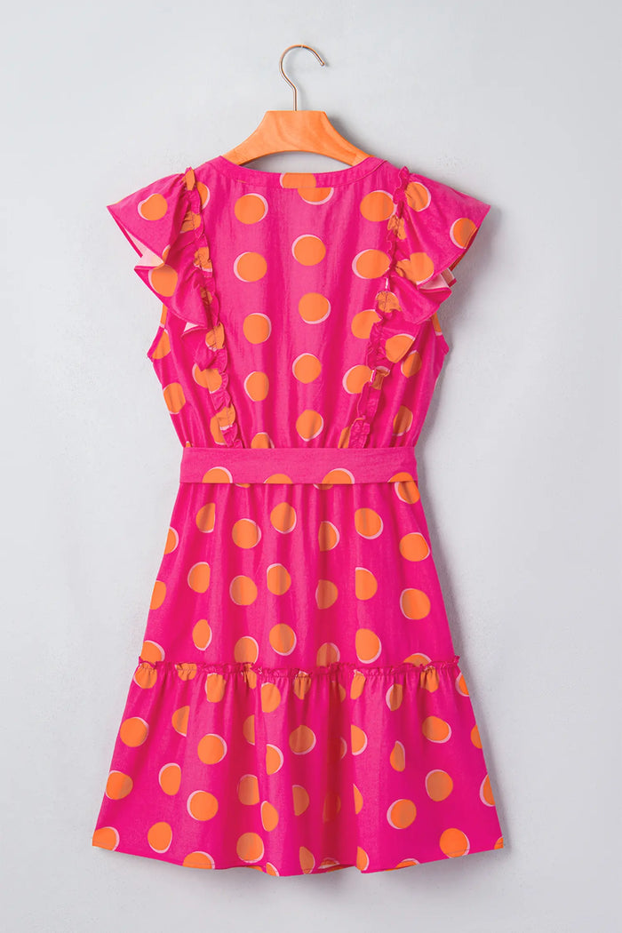 Polka Dot V Neck Ruffled Short Sleeve Mini Dress