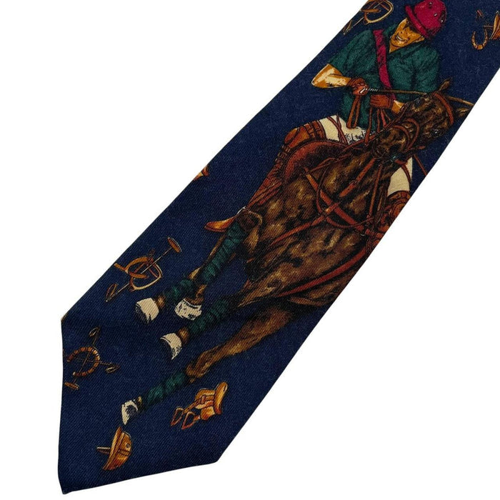 Polo Ralph Lauren navy blue wool tie with equestrian print pattern.