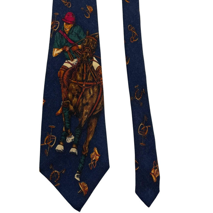 Polo Ralph Lauren navy blue wool tie with equestrian print pattern.