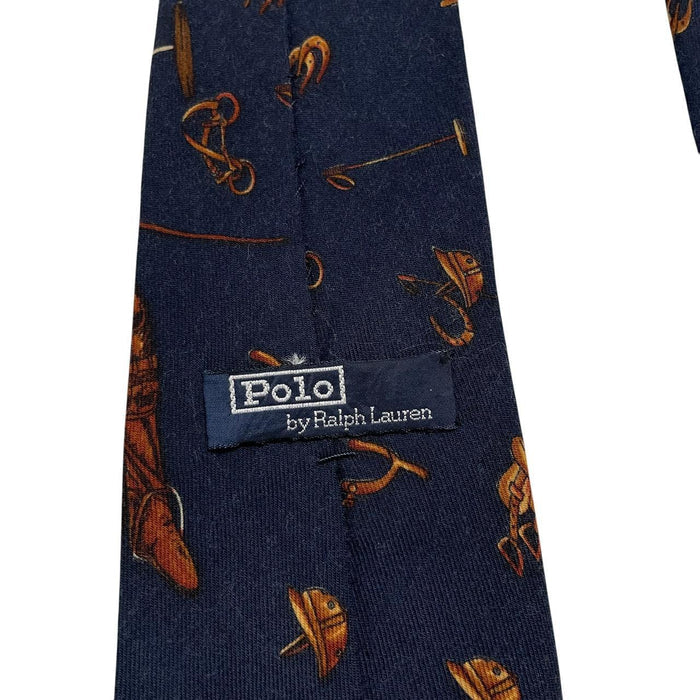 Polo Ralph Lauren navy blue wool tie with equestrian print pattern.