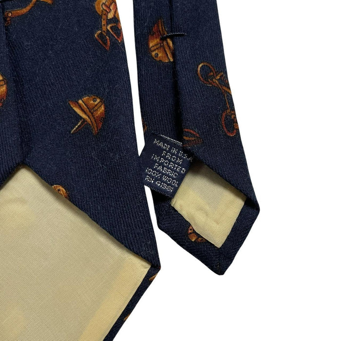 Polo Ralph Lauren navy blue wool tie with equestrian print pattern.