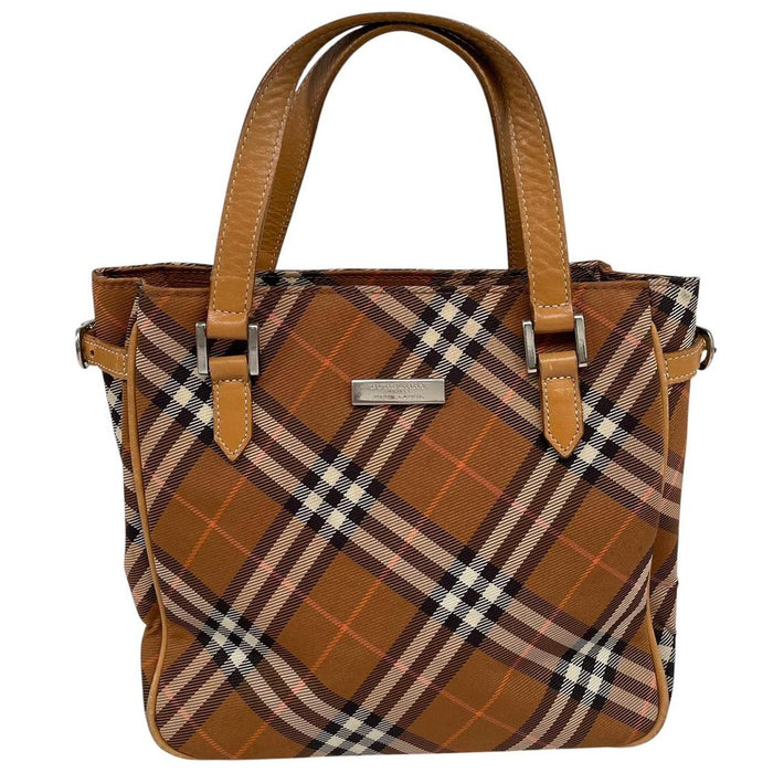 Burberry brown duffel bag featuring classic Nova Check pattern and canvas material.