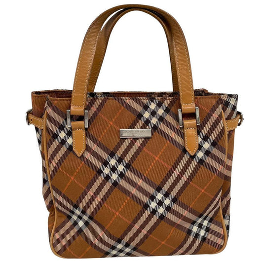 Burberry brown duffel bag featuring classic Nova Check pattern and canvas material.