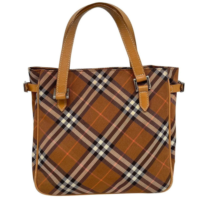 Burberry brown duffel bag featuring classic Nova Check pattern and canvas material.