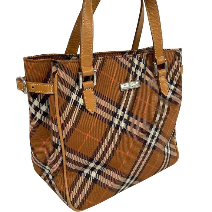 Burberry brown duffel bag featuring classic Nova Check pattern and canvas material.