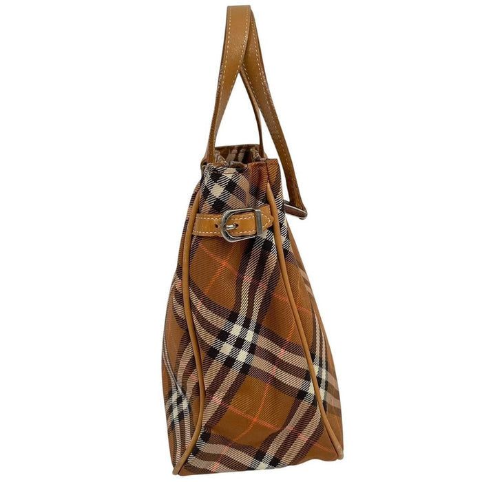 Burberry brown duffel bag featuring classic Nova Check pattern and canvas material.