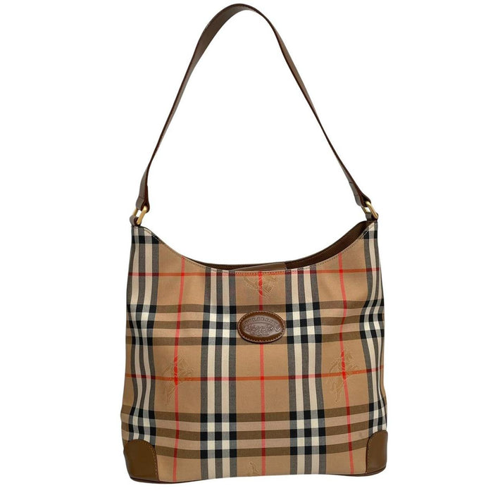 Burberry tan brown duffel bag featuring iconic Nova Check pattern and leather accents.