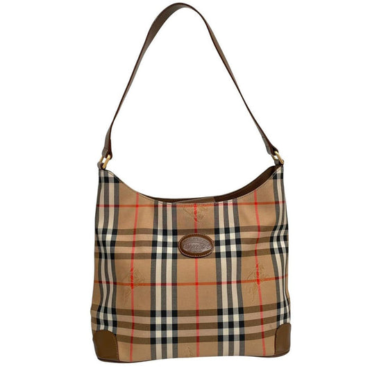 Burberry tan brown duffel bag featuring iconic Nova Check pattern and leather accents.
