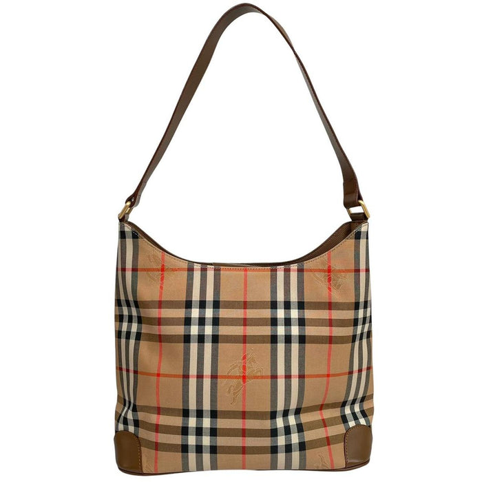Burberry tan brown duffel bag featuring iconic Nova Check pattern and leather accents.