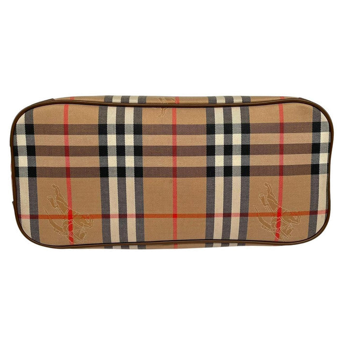 Burberry tan brown duffel bag featuring iconic Nova Check pattern and leather accents.