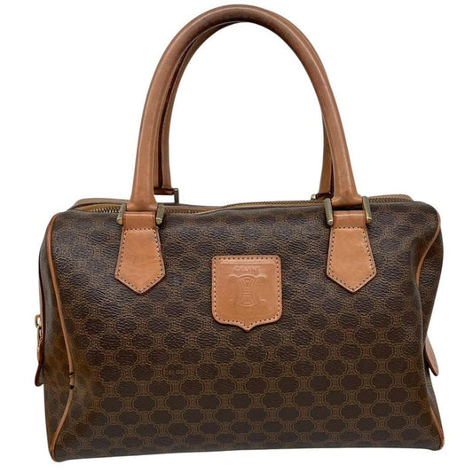 CELINE duffel bag brown and tan Macadam pattern with logo and visible wear.