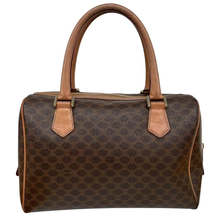 CELINE duffel bag brown and tan Macadam pattern with logo and visible wear.