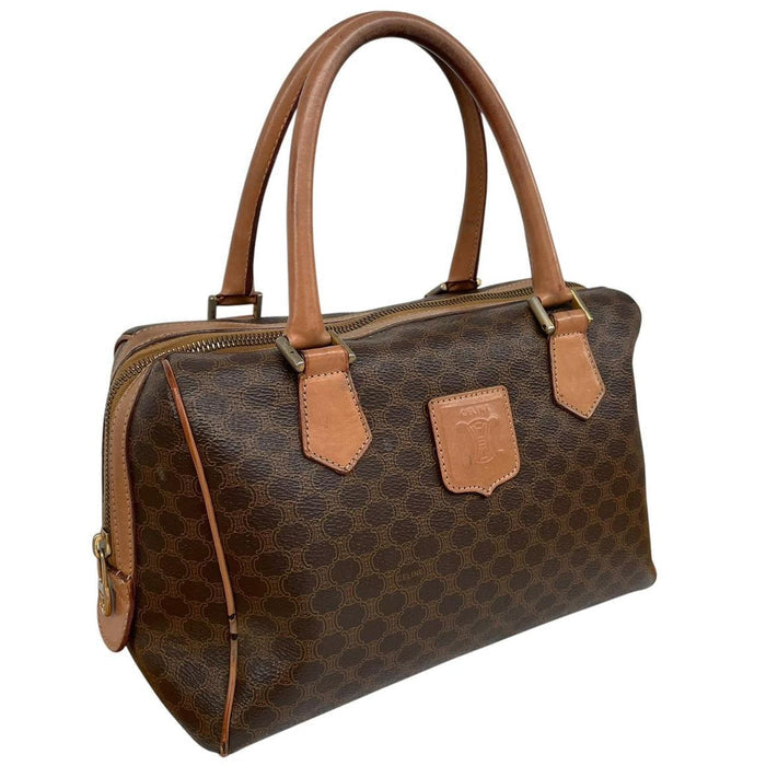 CELINE duffel bag brown and tan Macadam pattern with logo and visible wear.