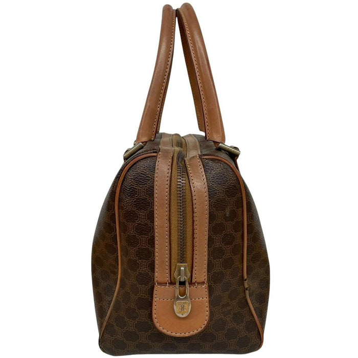 CELINE duffel bag brown and tan Macadam pattern with logo and visible wear.