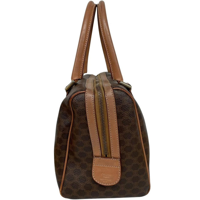 CELINE duffel bag brown and tan Macadam pattern with logo and visible wear.