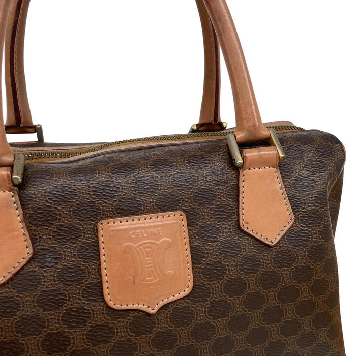 CELINE duffel bag brown and tan Macadam pattern with logo and visible wear.