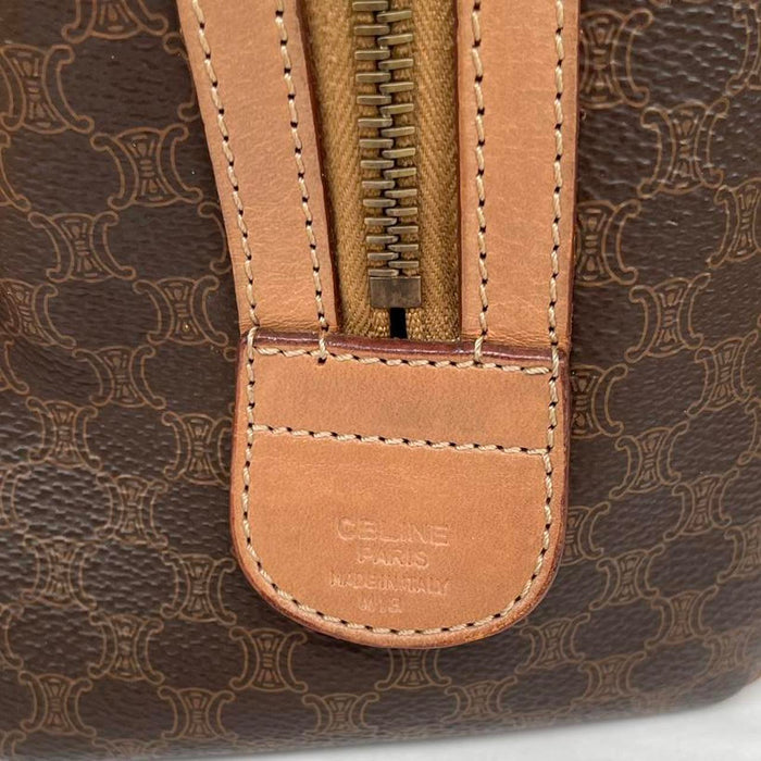 CELINE duffel bag brown and tan Macadam pattern with logo and visible wear.