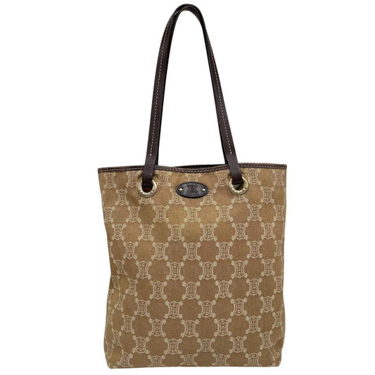 CELINE beige denim tote bag with Macadam pattern and logo detail, pre-loved condition.