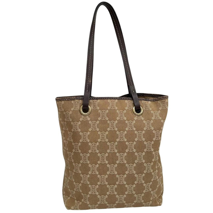 CELINE beige denim tote bag with Macadam pattern and logo detail, pre-loved condition.