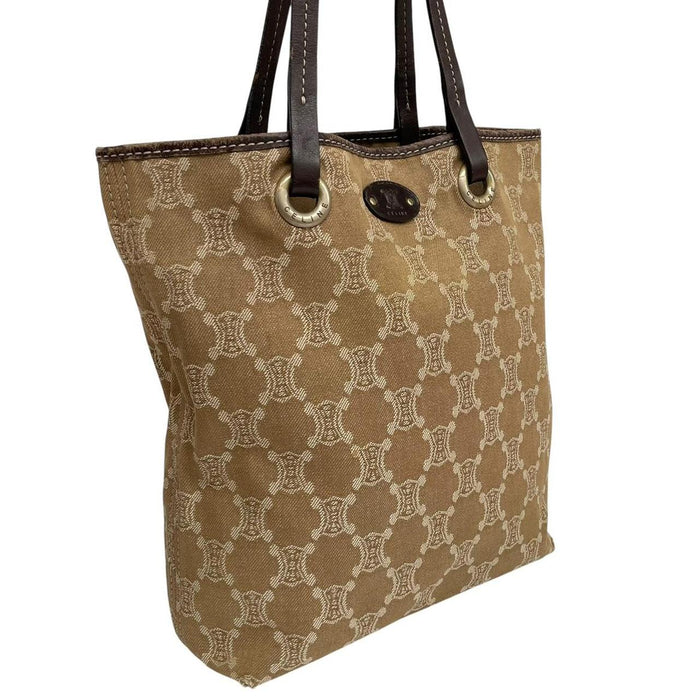 CELINE beige denim tote bag with Macadam pattern and logo detail, pre-loved condition.