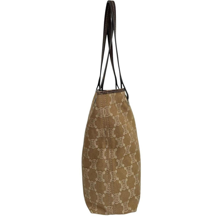 CELINE beige denim tote bag with Macadam pattern and logo detail, pre-loved condition.