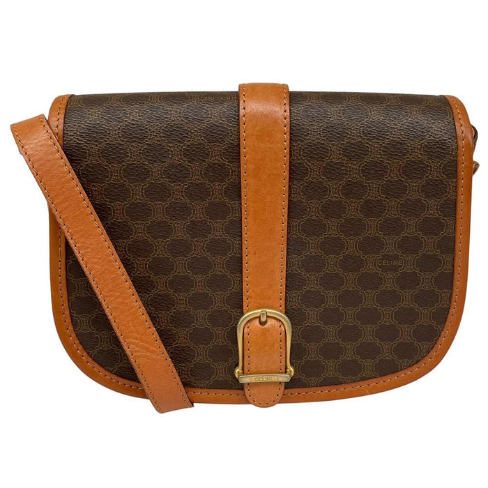 CELINE brown and tan duffel bag with Macadam pattern and leather/canvas material.
